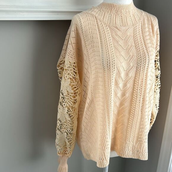 Boho Cream Yellow Fall Crocheted Lace Turtleneck Sweater medium - Picture 5 of 13